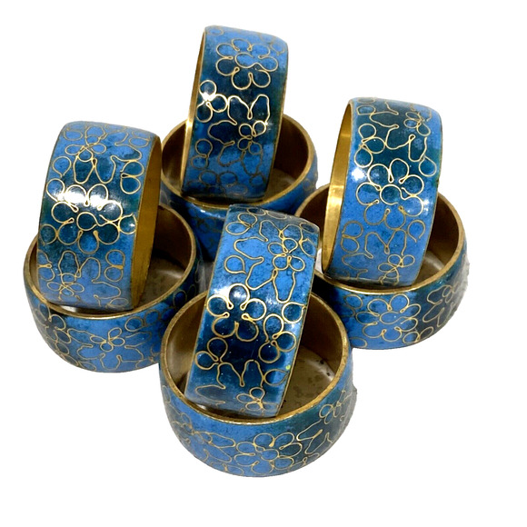 Vintage Cloisonne Napkin Rings Set of 8 Blue Enamel Mod Floral Design on Brass - Picture 1 of 6
